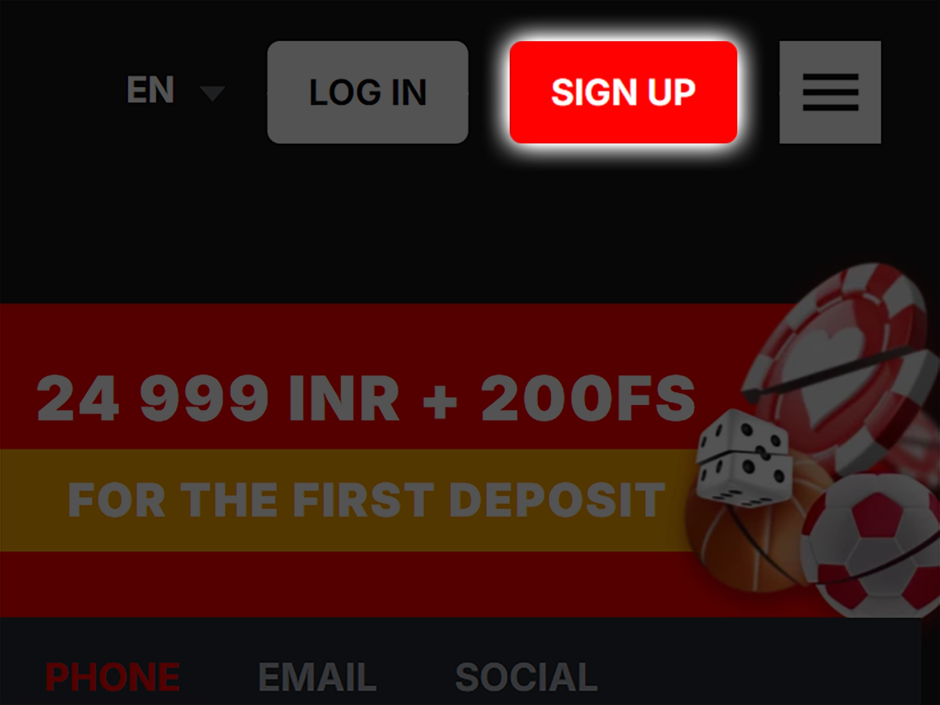 To start registering at Banzai Bet, click on the sign up button.