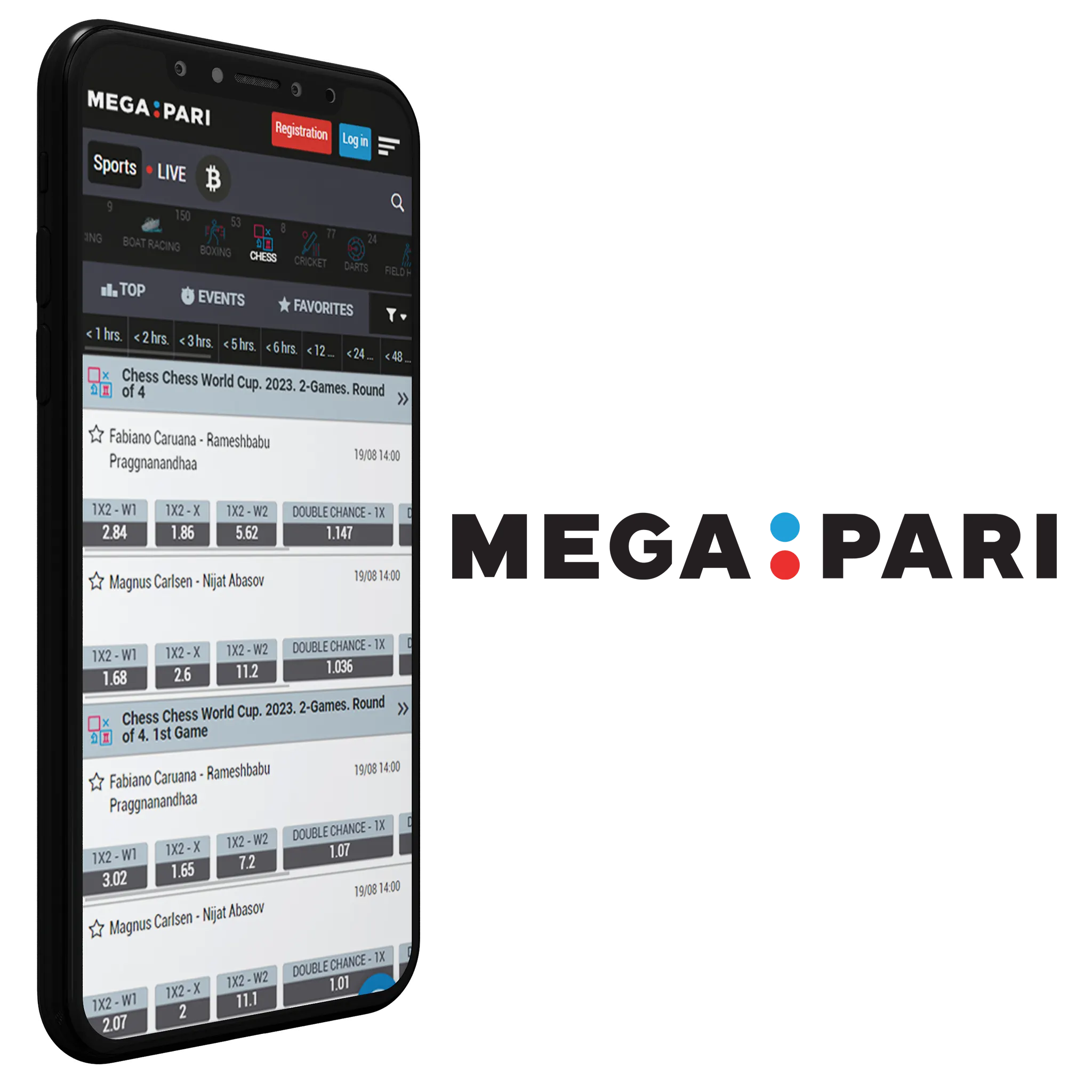 Megapari mobile app offers a huge number of events and tournaments for online chess game betting.