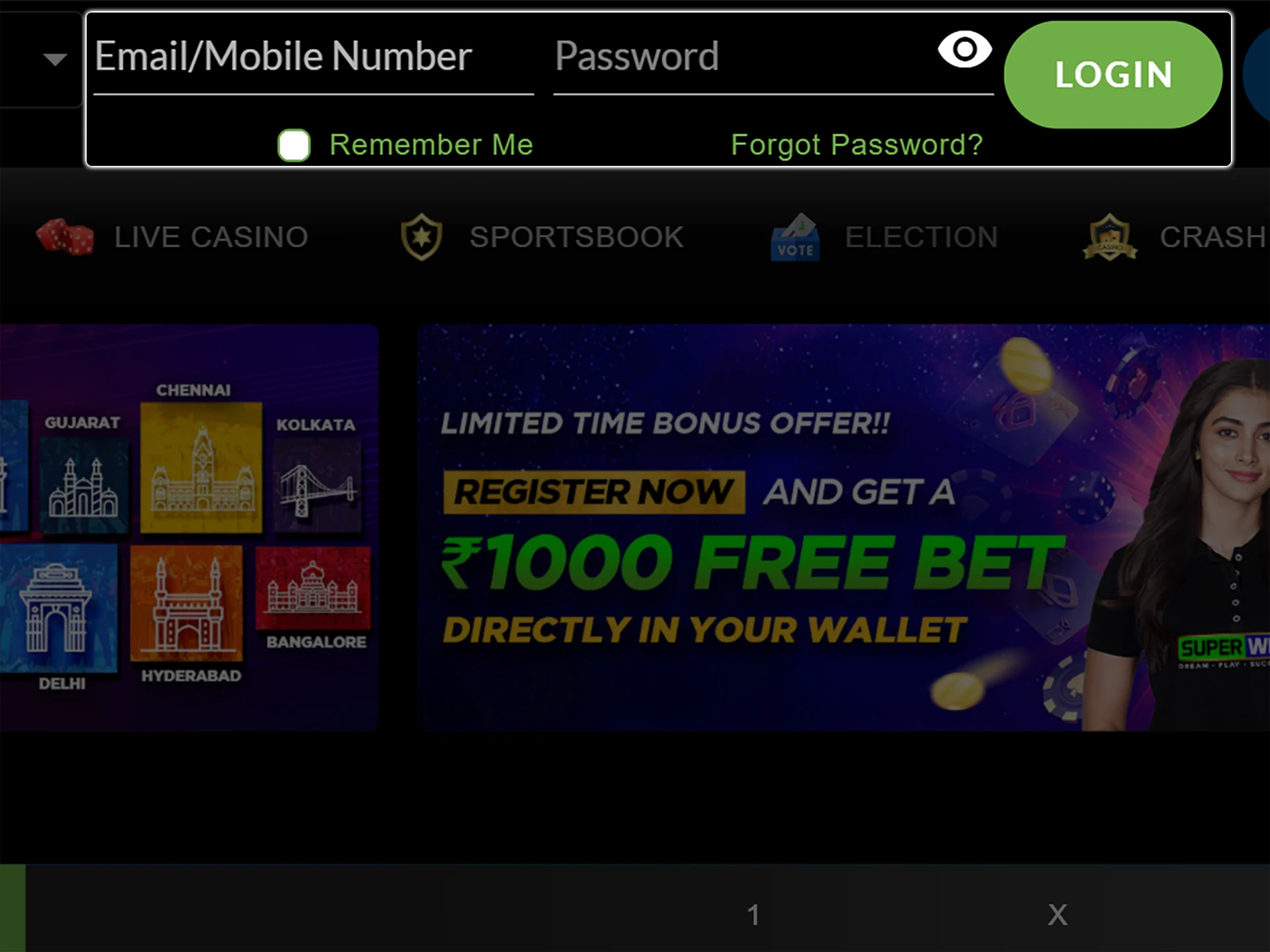 Enter your phone number and password to log into your SuperWin account.