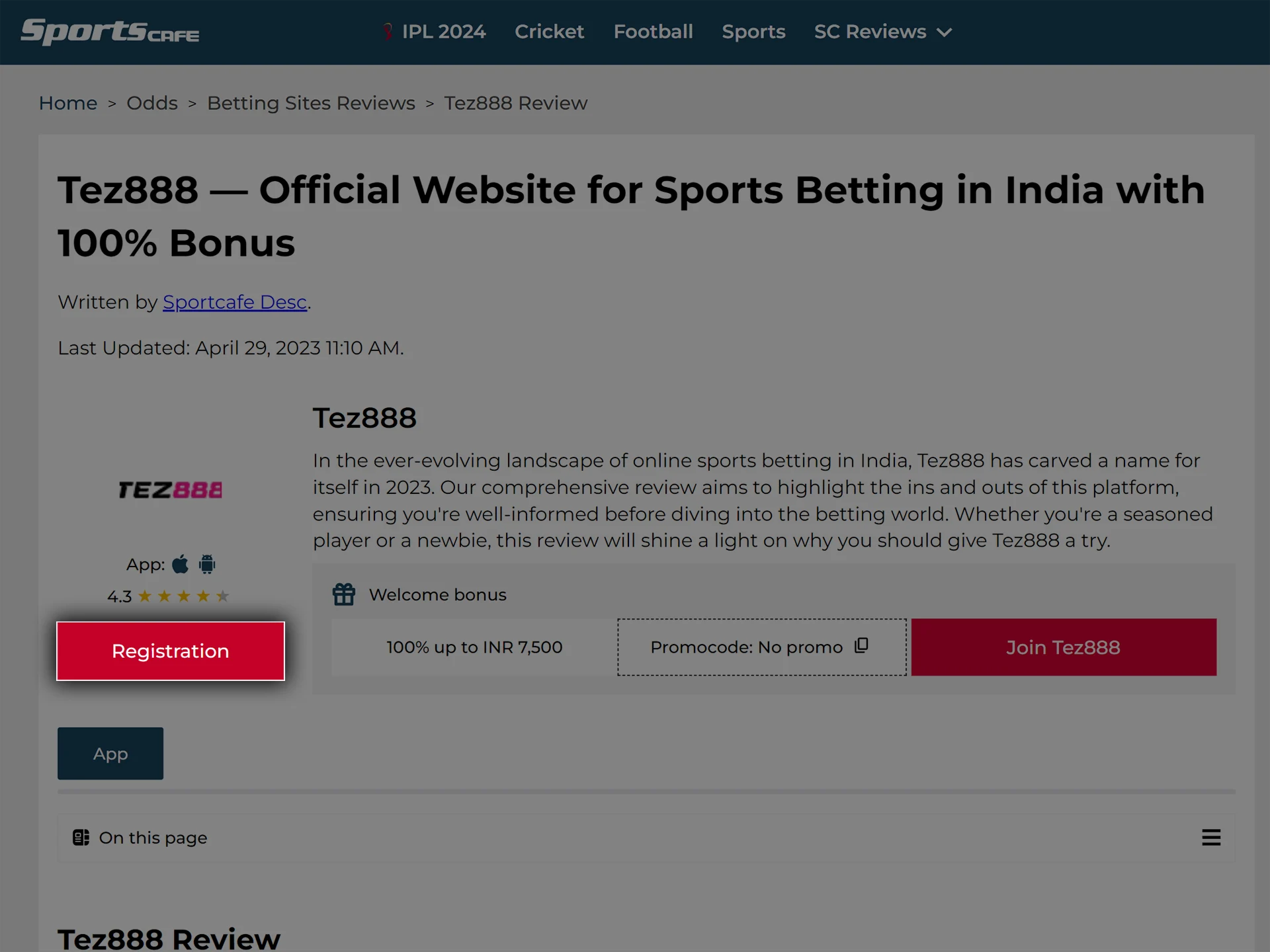 Use the link in the review header to open the Tez888 website.