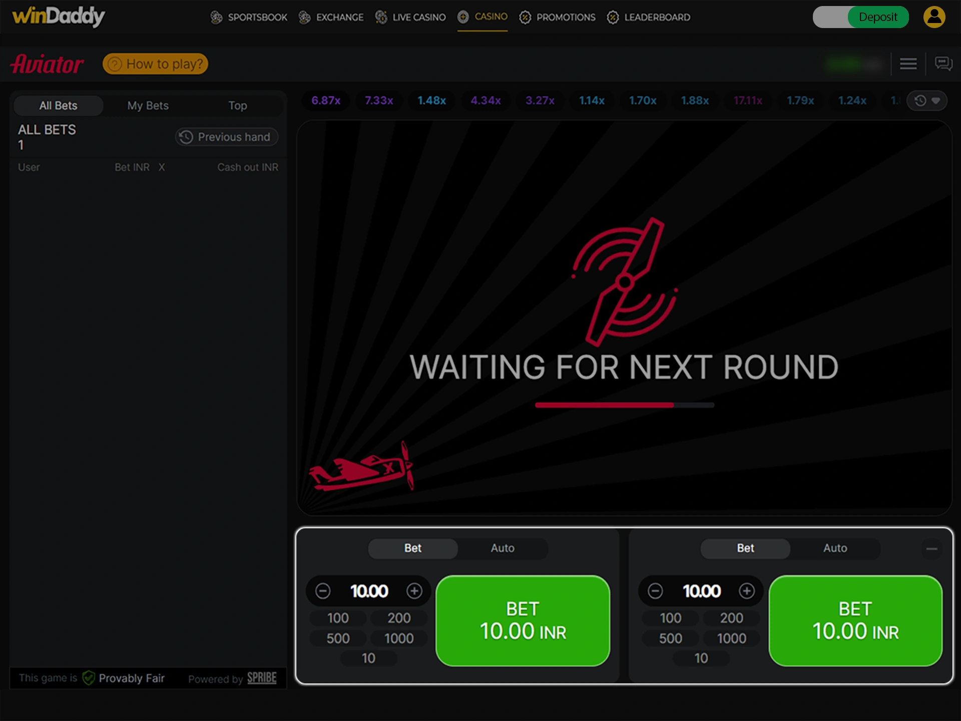 Specify the amount and click the button to bet in the Aviator game at Windaddy.