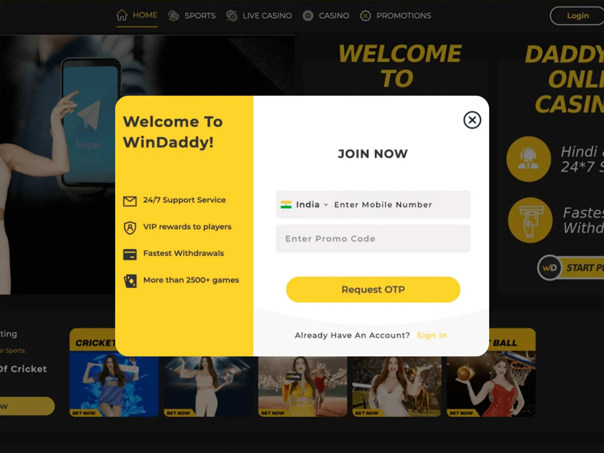 Open the Windaddy website and register.